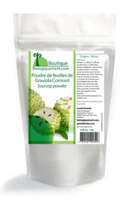 Sachet de poudre de feuille de Graviola Corossol disponible sur biologiquement.shop